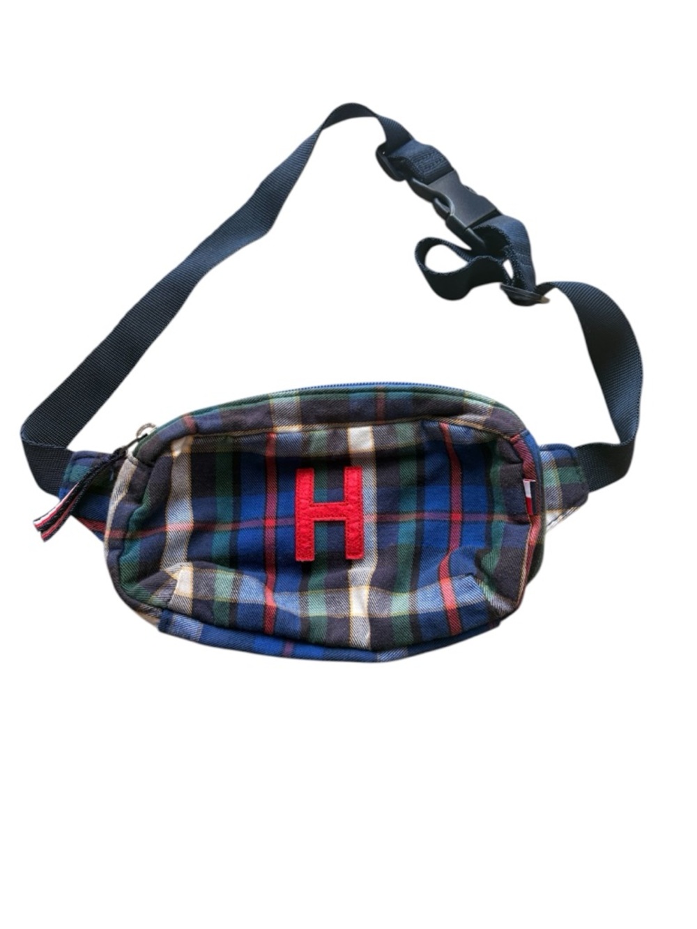 Tommy Hilfiger Navy Plaid Crossbody Belt Bag with Red H